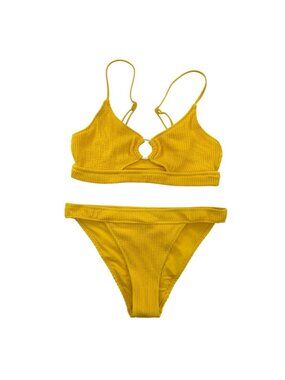 Aerie Crinkle Scoop Cutout Cheeky Bikini Swimsuit Yellow M Beach Pool Vacation